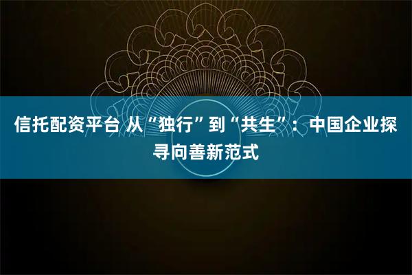 信托配资平台 从“独行”到“共生”：中国企业探寻向善新范式